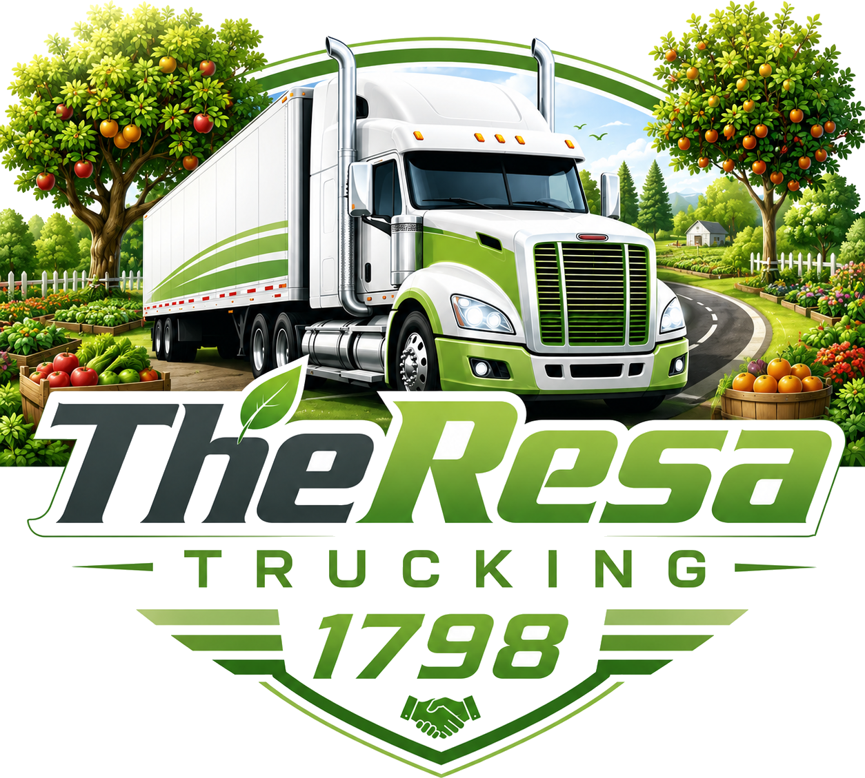 TheResa Trucking logo: a truck in a New Jersey orchard above the company wordmark, the year 1798, and a handshake emblem