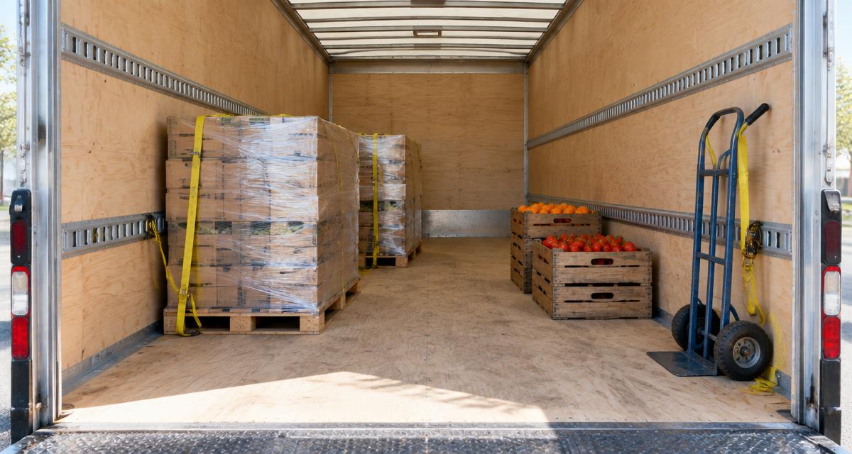 Interior of a 26-foot box truck with a plywood floor, loaded pallets, and wooden market crates